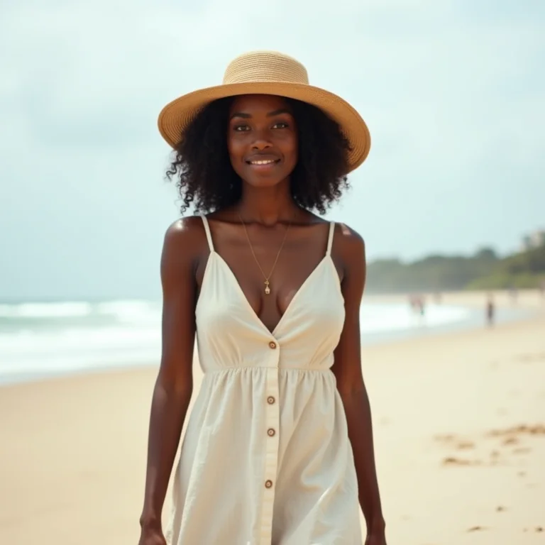 Mulher negra com cabelo cacheado na Praia do Patacho, Alagoas