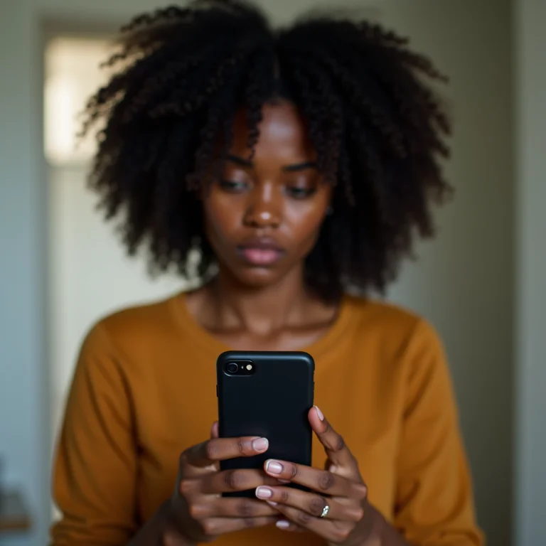 Mulher negra com cabelo cacheado olhando desconfiada para um celular com termos de serviço.