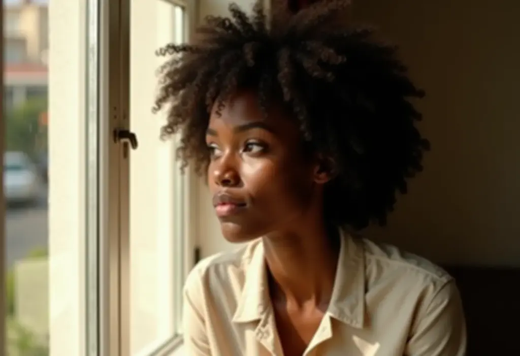 Divórcio por mútuo consentimento: o guia completo para se separar Mulher negra com cabelo cacheado olhando para fora da janela com expressão pensativa.