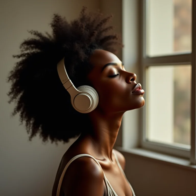 Mulher negra com cabelo cacheado ouvindo música com fones de ouvido sem fio.