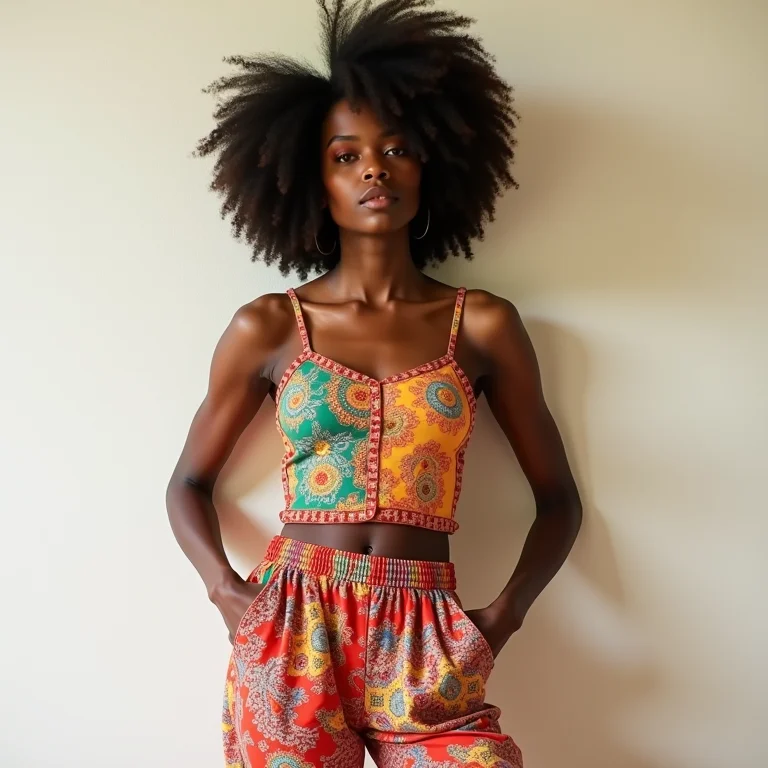 Mulher negra com cabelo cacheado usando mix de estampas.