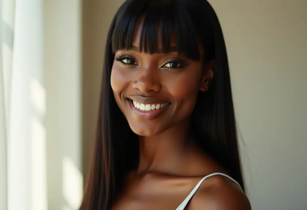 Mulher negra com cabelo liso e penteado volumoso