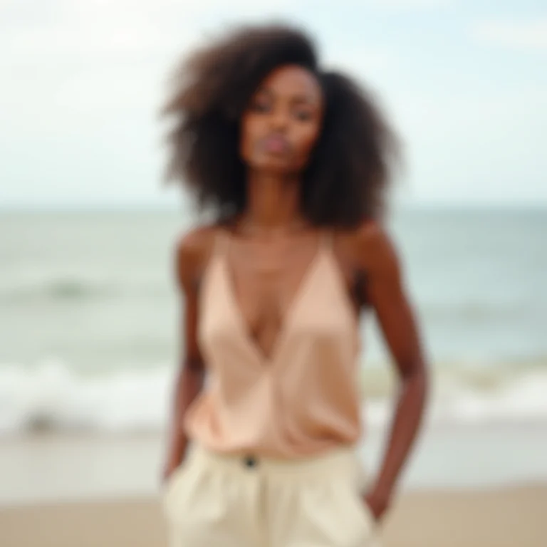 Mulher negra com calças de linho em casamento na praia.