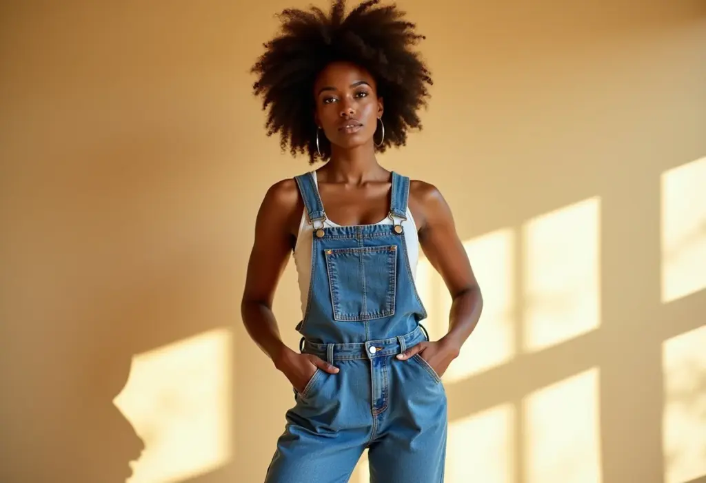 Looks com macacão jeans: 5 truques de styling que alongam a silhueta Mulher negra com macacão jeans estiloso