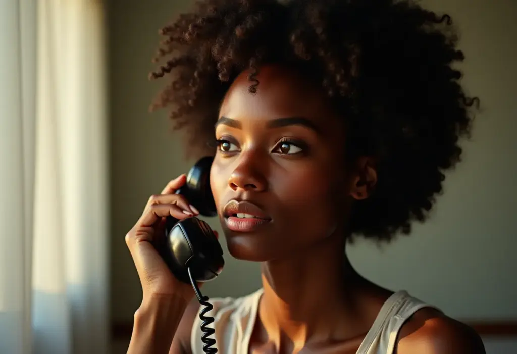 Como fazer ligação a cobrar para o Brasil sem complicação Mulher negra com telefone vintage pensando em fazer ligação a cobrar