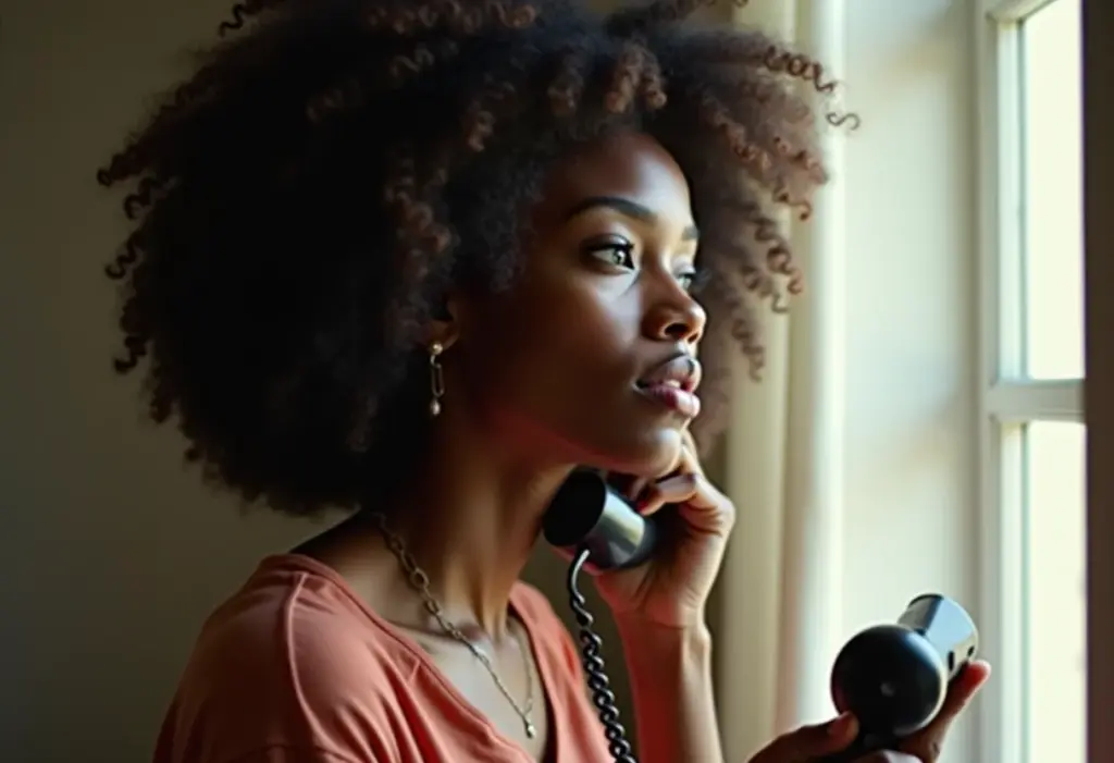 Mulher negra com telefone vintage pensando em ligar para o Brasil do exterior
