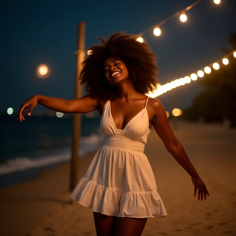 Mulher negra com vestido curto dançando na praia à noite