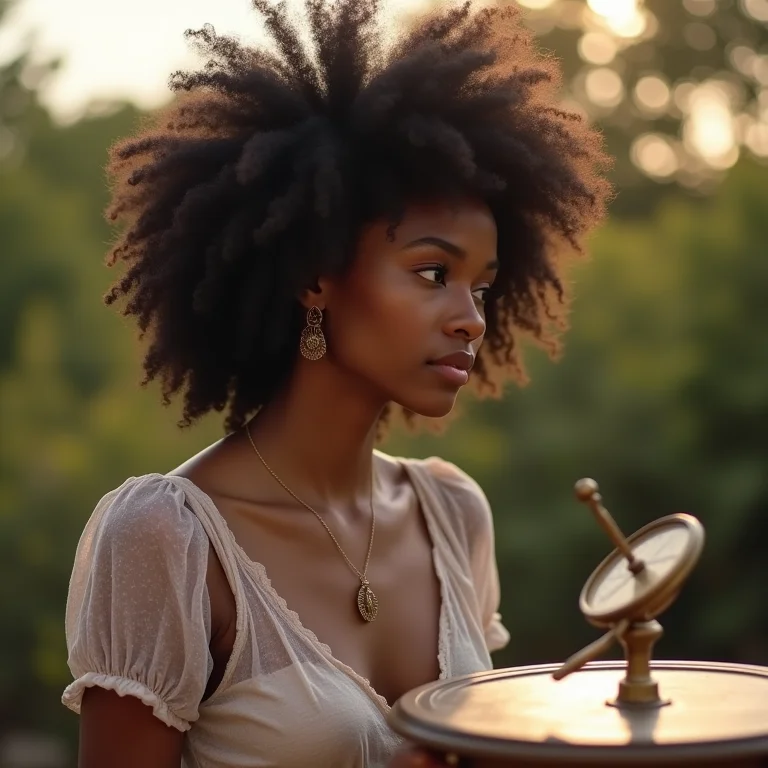 Mulher negra contemplando um relógio de sol, representando a relatividade do tempo.
