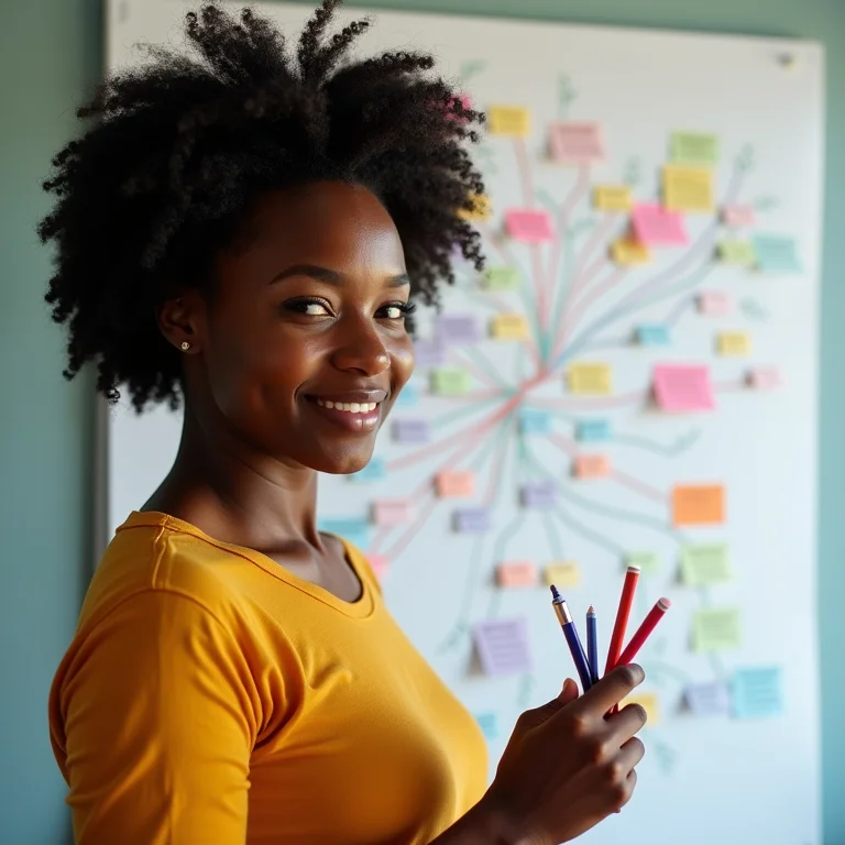 Mulher negra criando um mapa mental colorido.