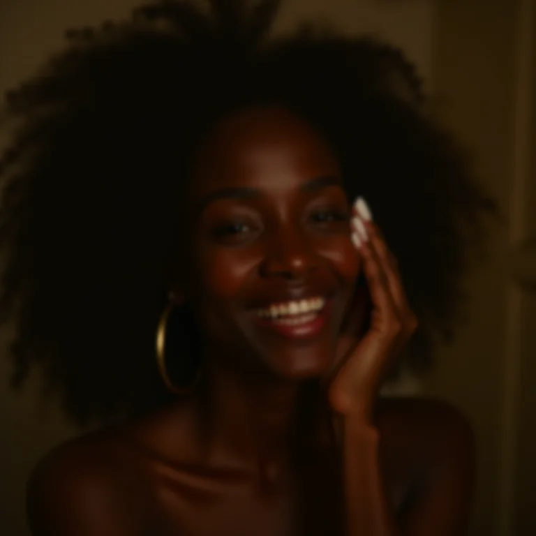 Mulher negra cuidando da pele em banheiro rústico.