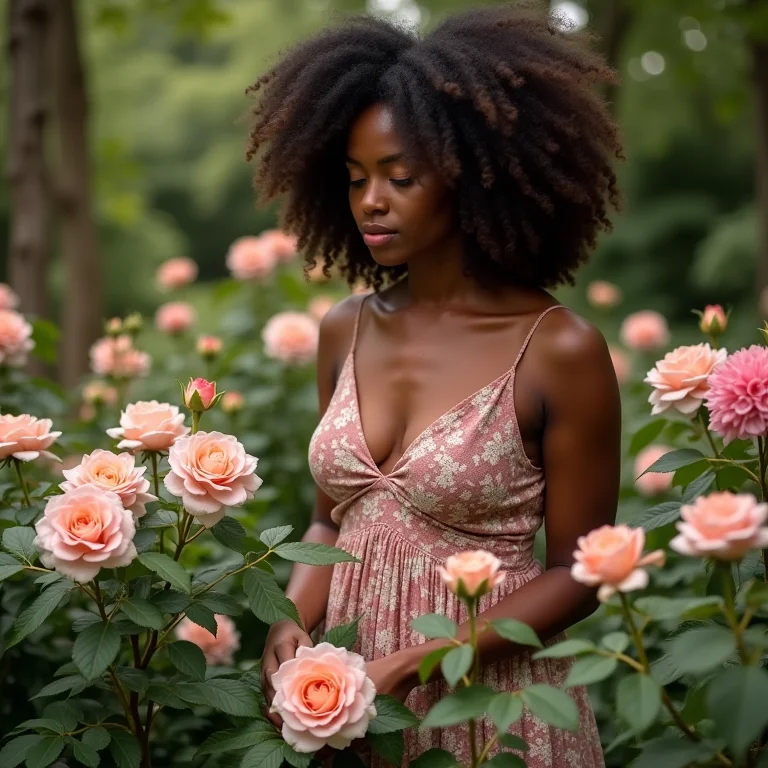 Mulher negra cuidando de um jardim secreto