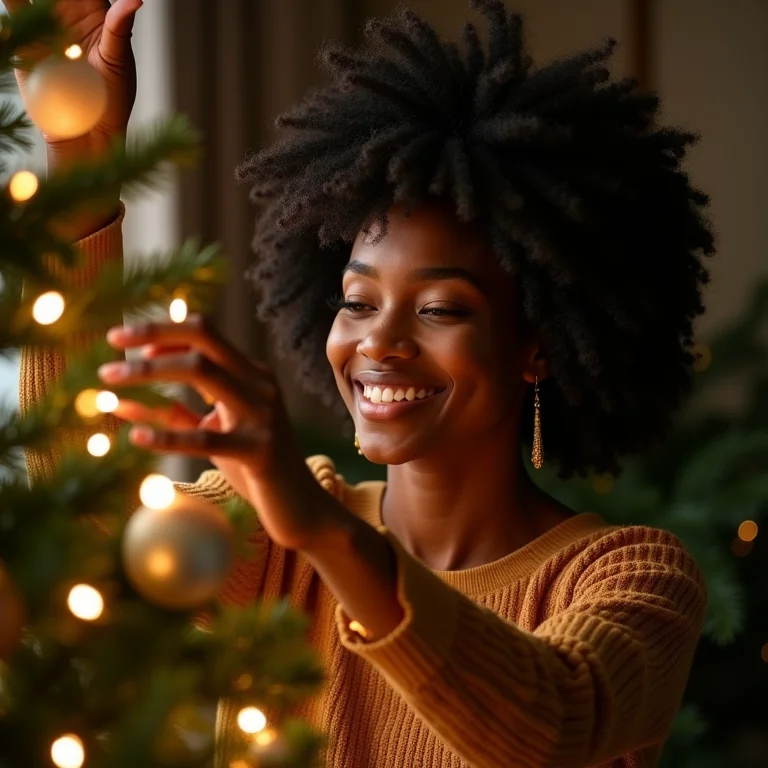 Mulher negra decorando árvore de Natal com enfeites dourados