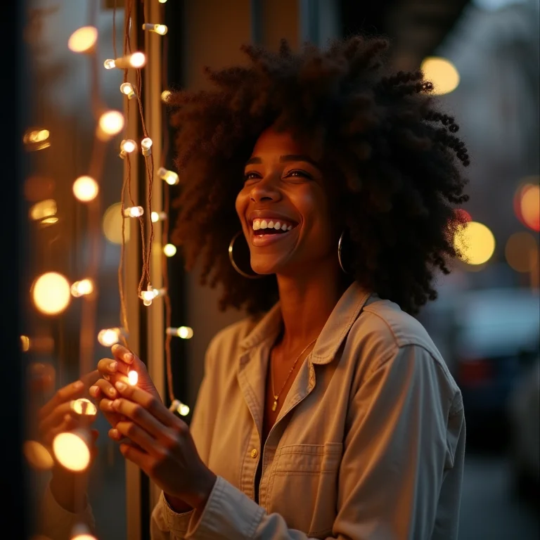 Mulher negra decorando vitrine de loja com luzes de Natal