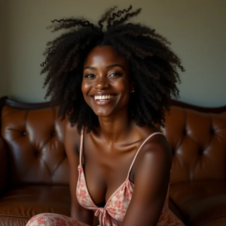 Mulher negra elegante sentada em sofá de couro vintage