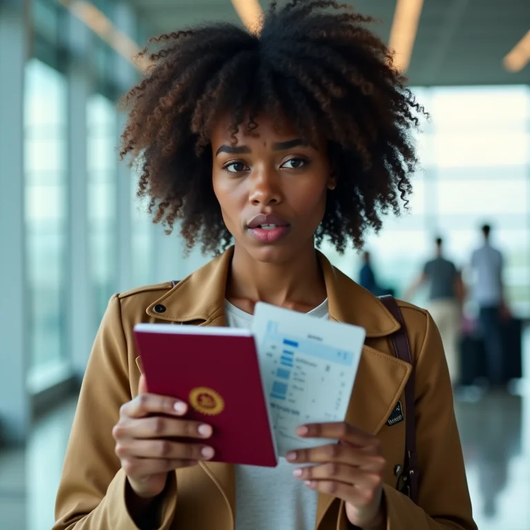Mulher negra estressada segurando passaporte e passagem aérea.