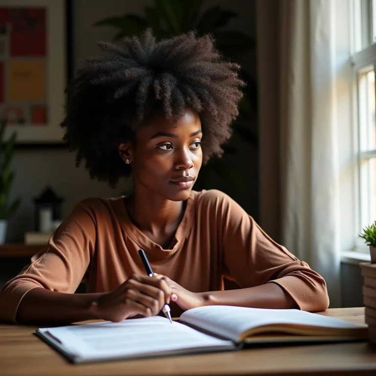 Mulher negra estudando sobre direitos humanos