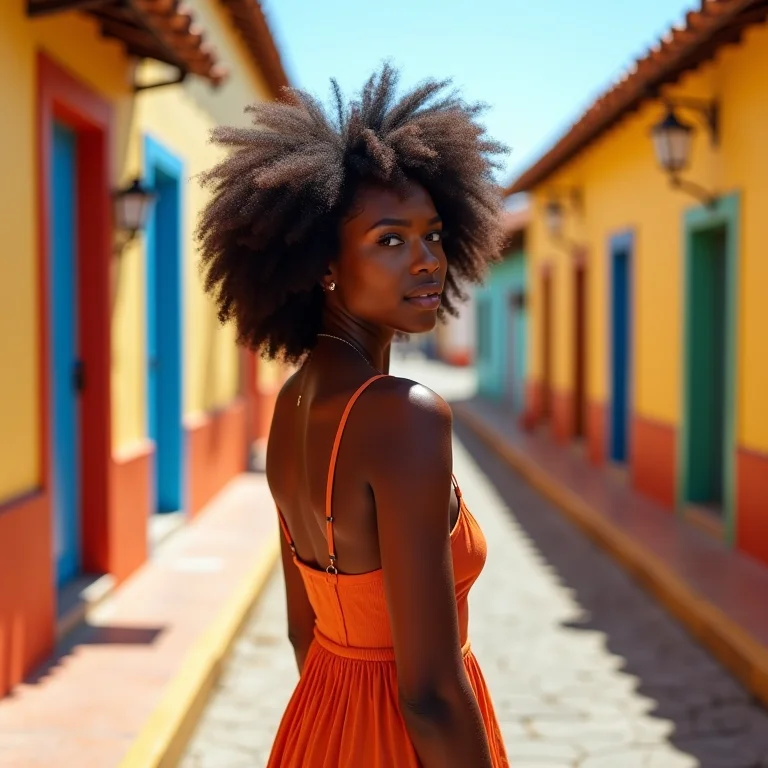Mulher negra explorando as ruas vibrantes da Ilha de Providência