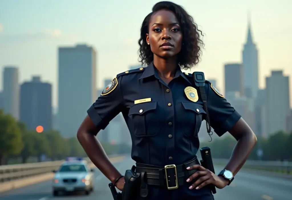 Concurso PM: O guia definitivo para ser aprovado de primeira Mulher negra fardada como policial militar em frente à cidade