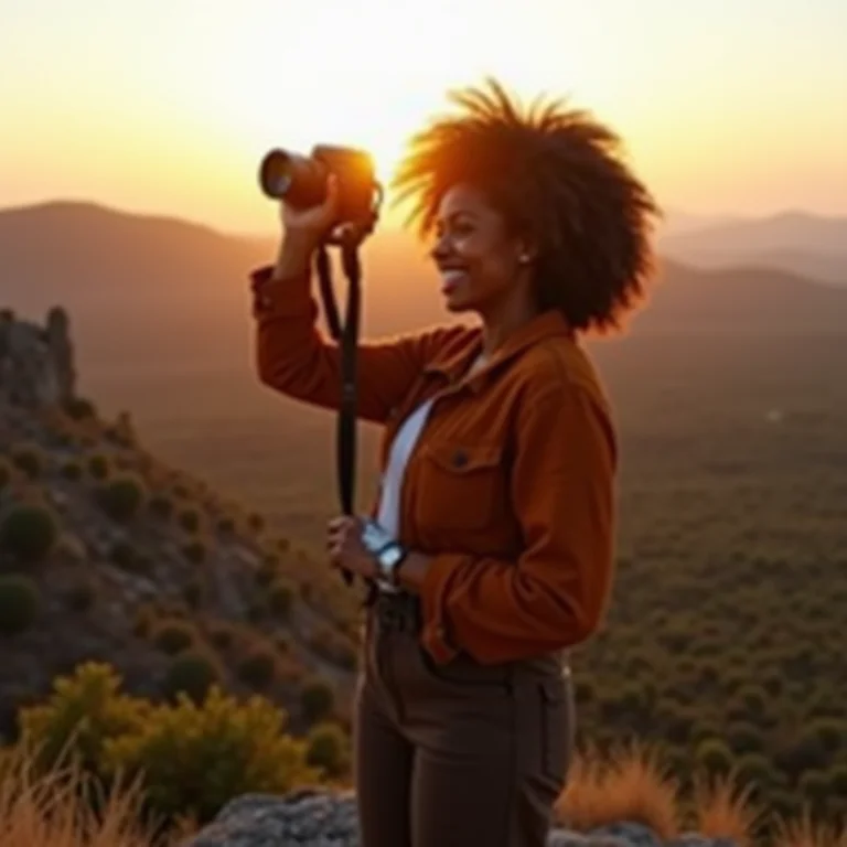 Mulher negra fotografando paisagem com câmera profissional