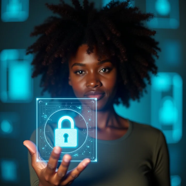 Mulher negra interagindo com tecnologia de criptografia quântica.