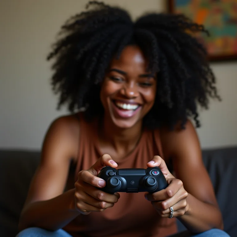 Mulher negra jogando videogame e sorrindo