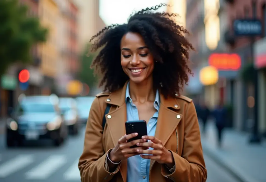 Pare de se perder! Este site de mapas e rotas vai te salvar Mulher negra navegando pela cidade com aplicativo de mapas