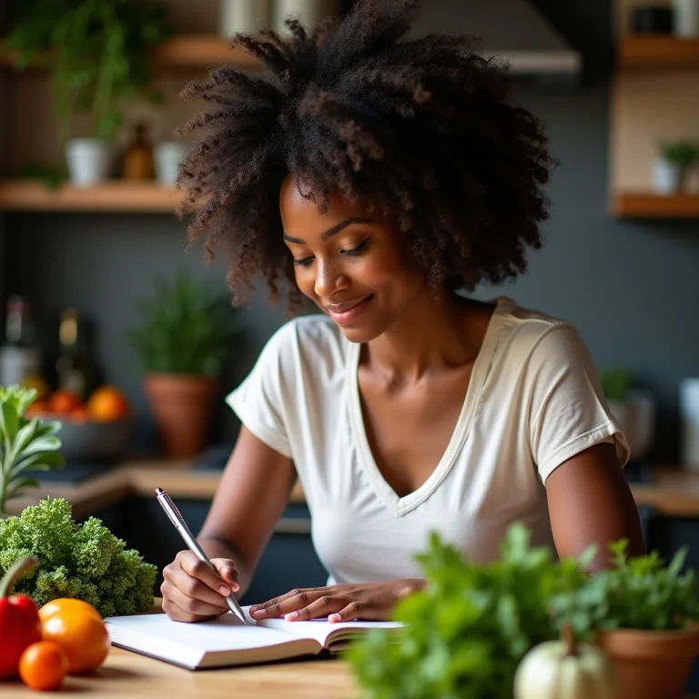 Mulher negra planejando o cardápio da semana para economizar.