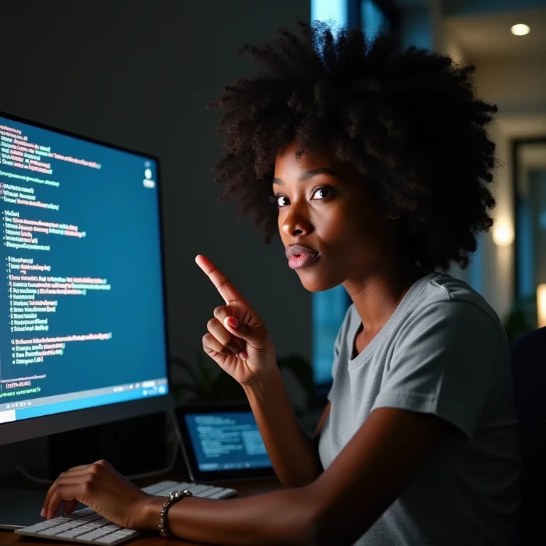 Mulher negra preocupada com códigos de erro na tela do PC.