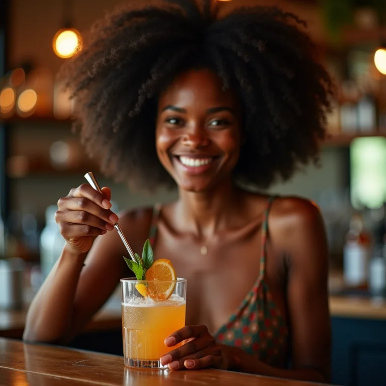 Mulher negra preparando drink em bar de casa.