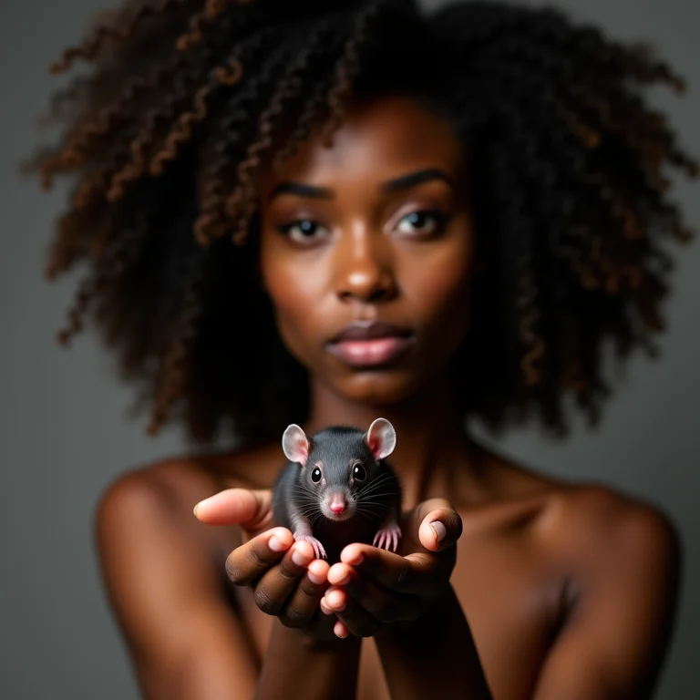 Mulher negra segurando um rato-toupeira-pelado (Heterocephalus glaber)
