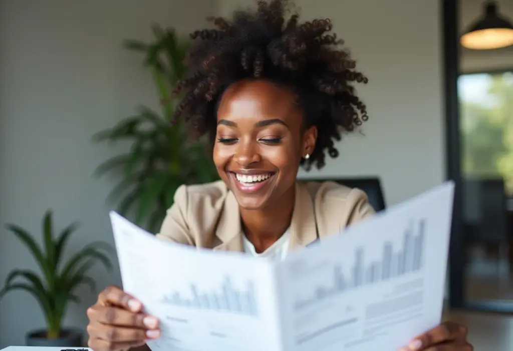Mulher negra sorrindo analisando finanças