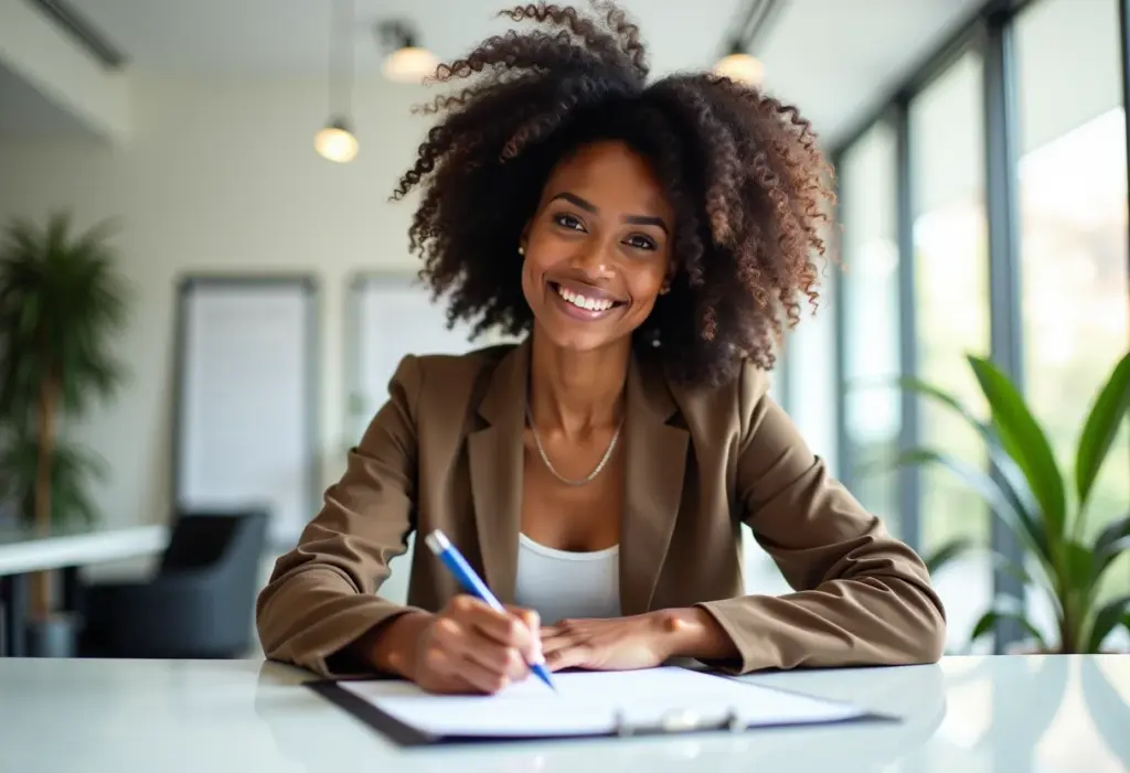 Mulher negra sorrindo ao assinar contrato de pacto antenupcial