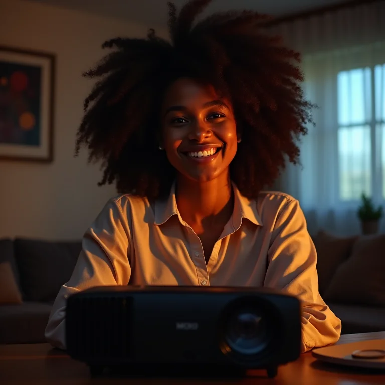 Mulher negra sorrindo ao configurar projetor