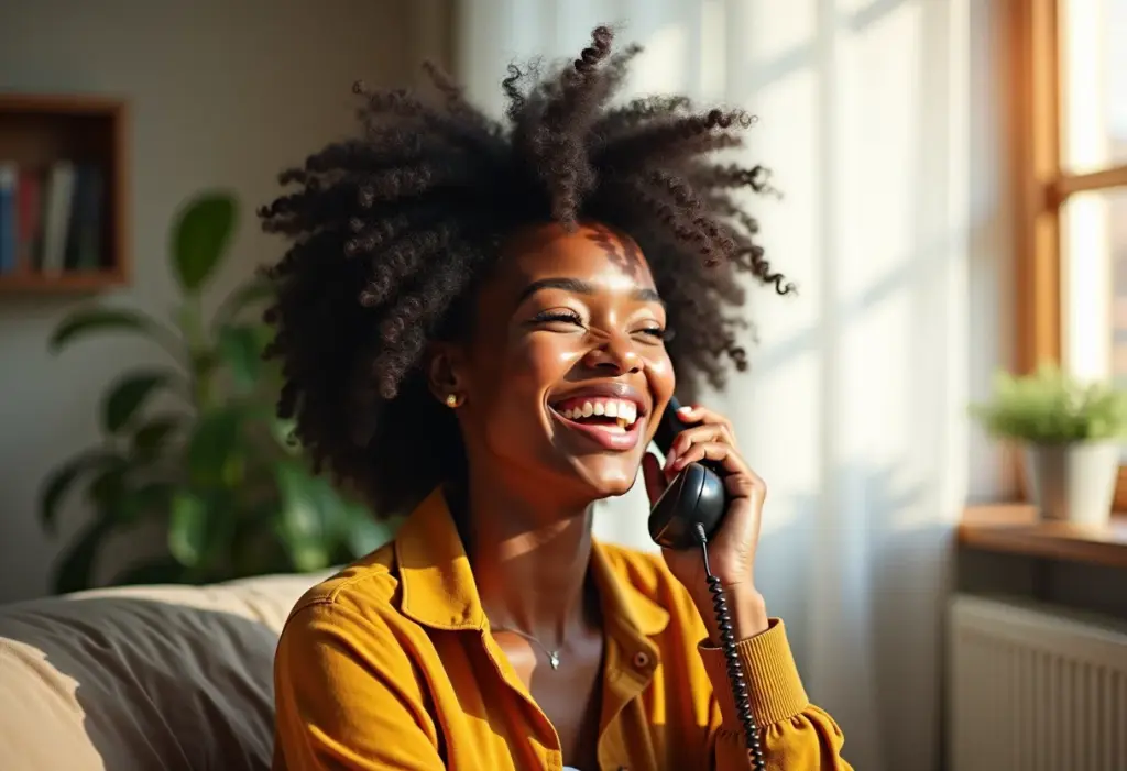 Mulher negra sorrindo ao usar um telefone antigo para fazer uma chamada a cobrar.