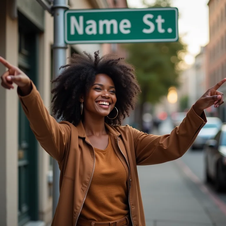 Mulher negra sorrindo apontando para placa de rua