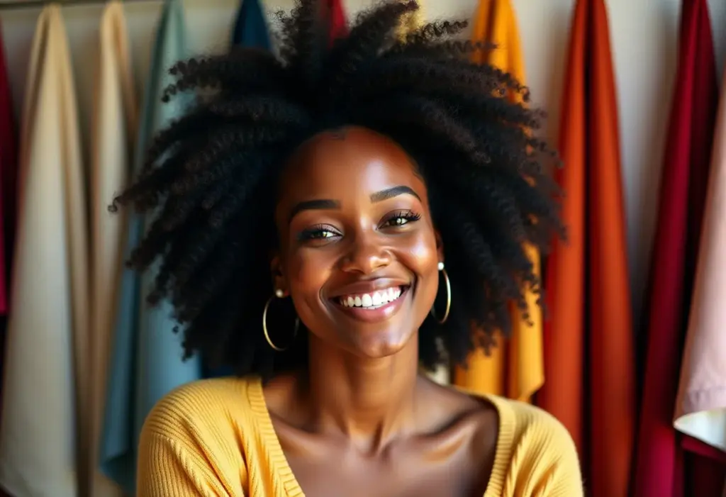 Mulher negra sorrindo cercada por tecidos coloridos, representando a descoberta das cores na coloração pessoal.