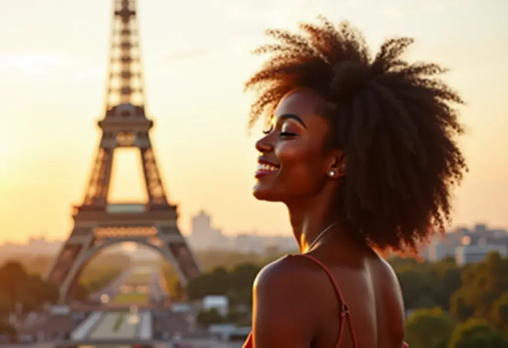 Intercâmbio na França: Guia completo para realizar o seu sonho Mulher negra sorrindo com a Torre Eiffel ao fundo, representando um intercâmbio dos sonhos na França.