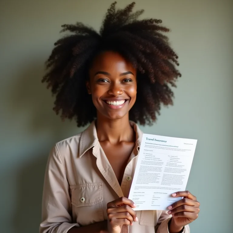 Mulher negra sorrindo com apólice de seguro viagem