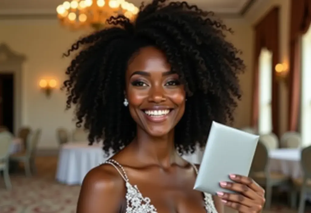 Vestido para Bodas de Prata: Guia Completo para Arrasar na Festa Mulher negra sorrindo com convite de bodas de prata