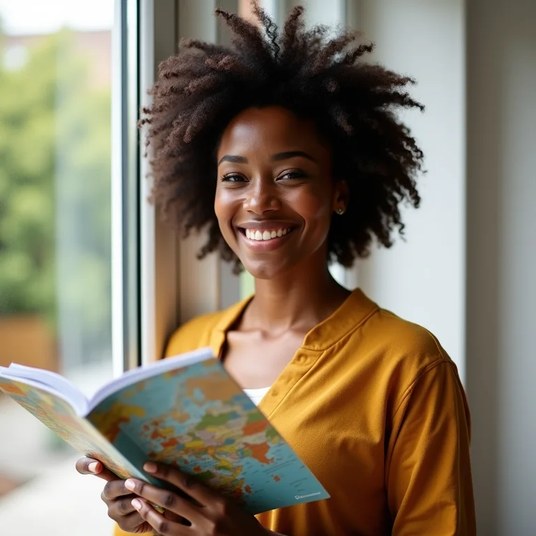 Mulher negra sorrindo com guia de viagem em Boston.