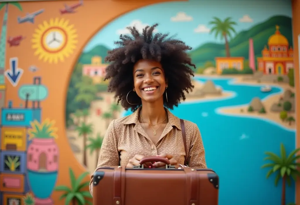 Viaje Aqui: Dicas secretas para economizar na sua próxima aventura Mulher negra sorrindo com mala vintage em frente a mural de viagem