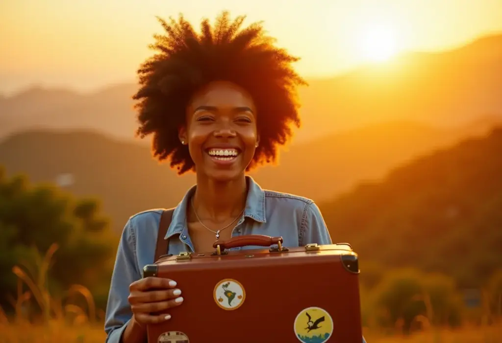Mulher negra sorrindo com mala vintage em paisagem brasileira