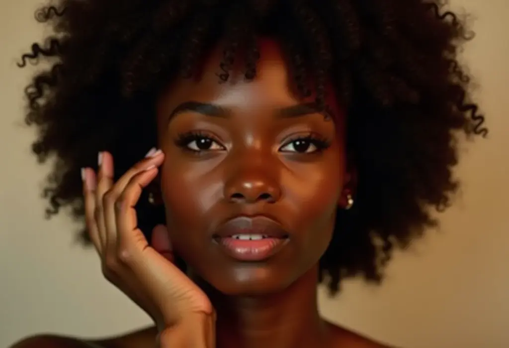 Mulher negra sorrindo com pele radiante e saudável, representando o cuidado com a área dos olhos.