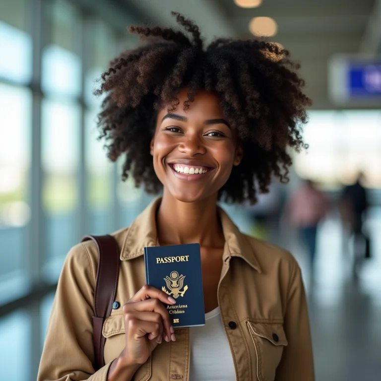 Mulher negra sorrindo e segurando passaporte americano