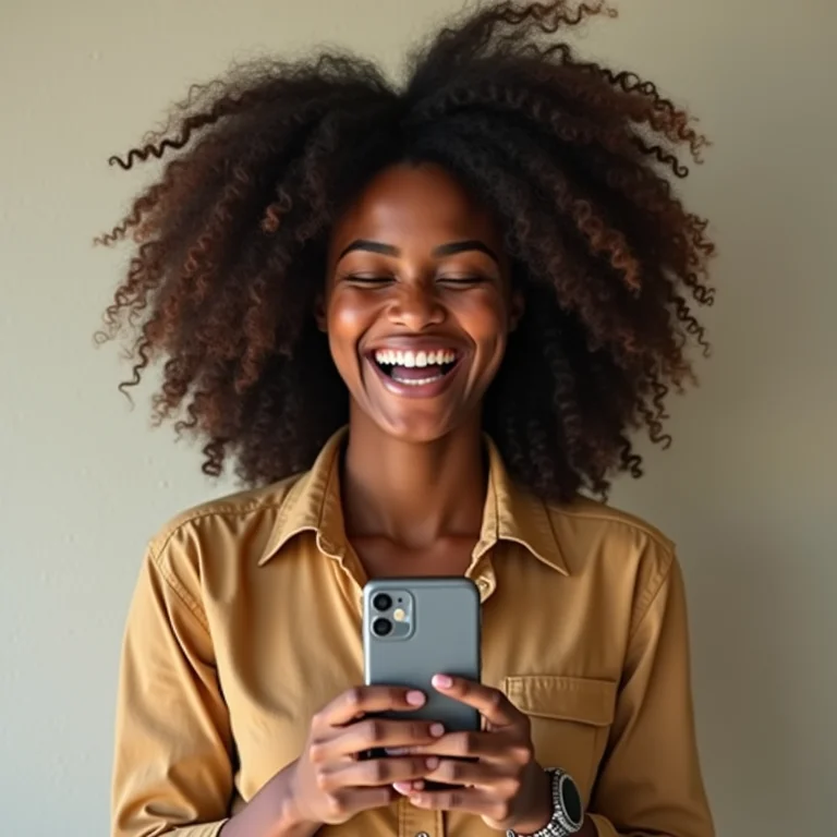 Mulher negra sorrindo e usando app de edição no celular