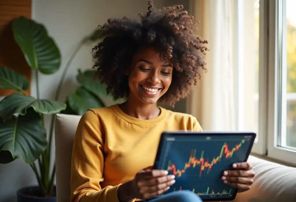 Alocação de Ativos: O segredo para investir com sucesso (e dormir tranquilo) Mulher negra sorrindo em apartamento ensolarado analisando investimentos.