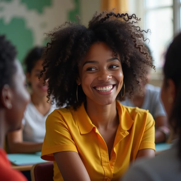 Mulher negra sorrindo em atividade de grupo, representando os benefícios da aprendizagem colaborativa.