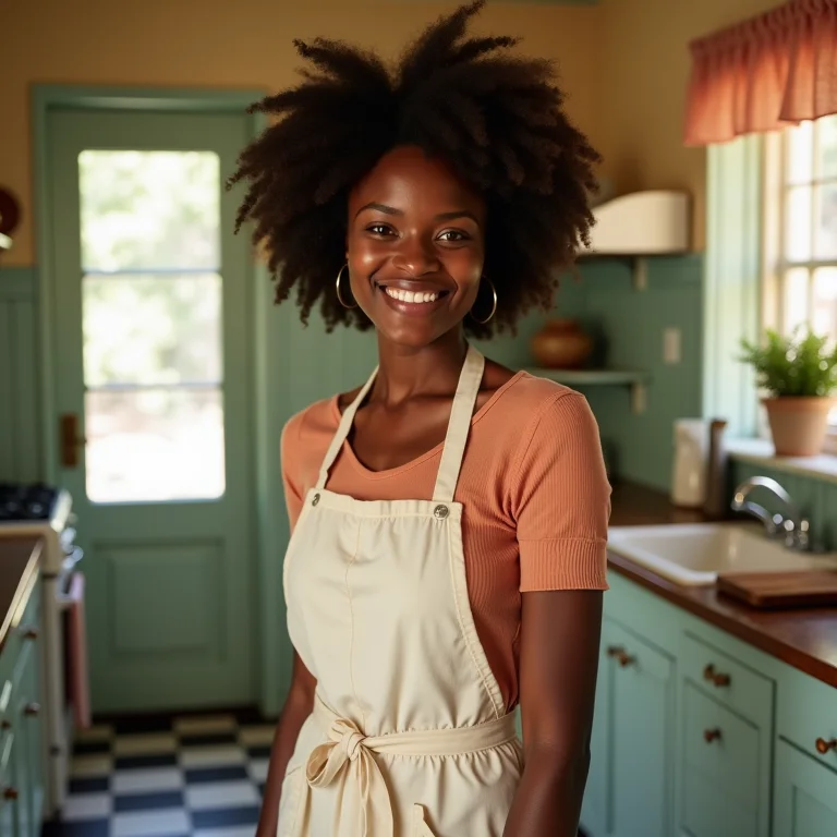Mulher negra sorrindo em cozinha retrô com piso xadrez
