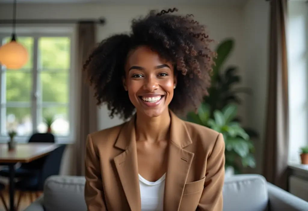 Mulher negra sorrindo em entrevista online
