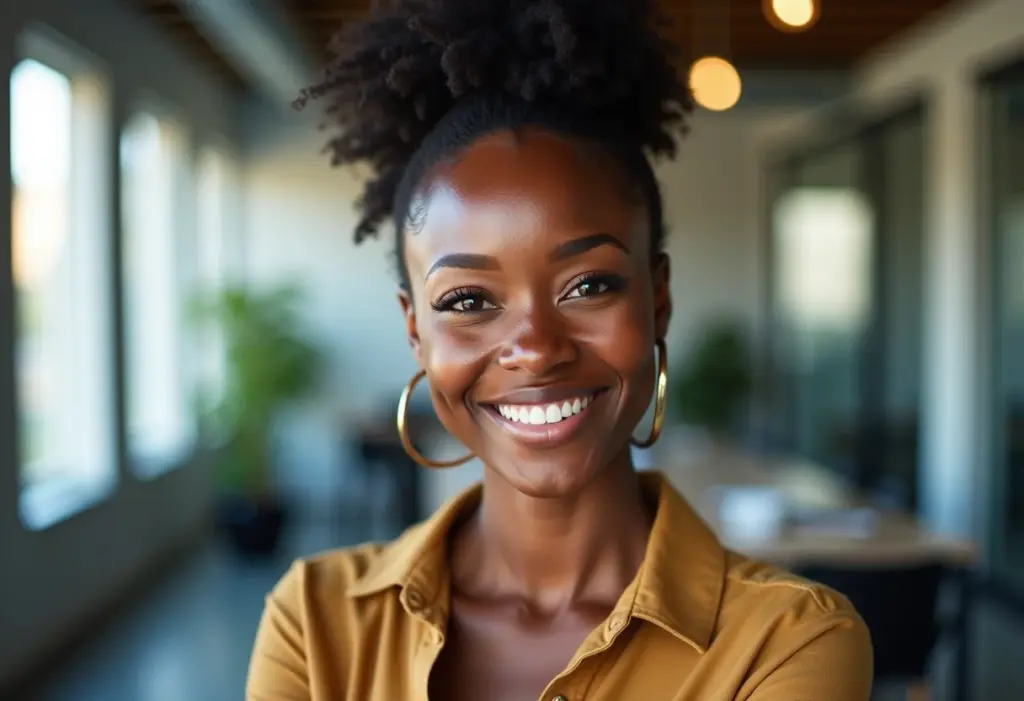 Mulher negra sorrindo em frente à câmera, representando o sucesso de vídeos para advogados